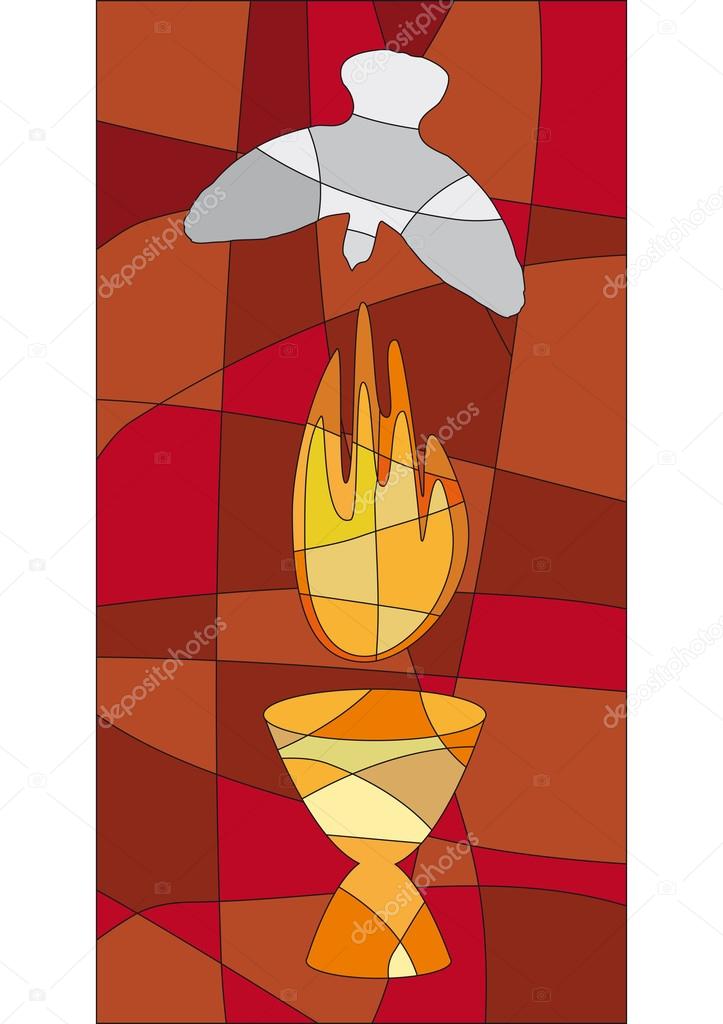 Flame, chalice and dove in mosaic style