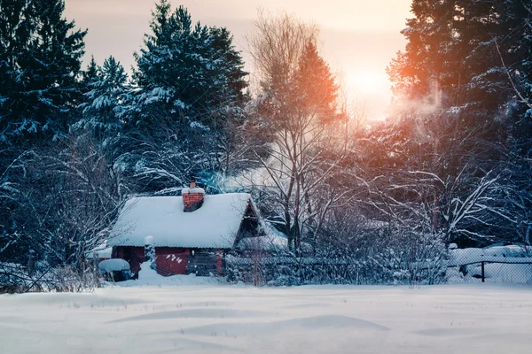 Cottage con fumo nella foresta fatata invernale — Foto Stock