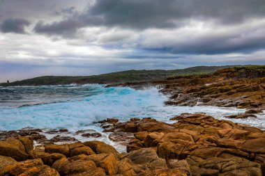 Güçlü dalgalar bir kayanın engebeli sahil şeridine çarparak havaya su püskürtüyor. Dinamik sahne, okyanusun ham enerjisini ve Avustralya kıyı manzaralarının dramatik doğal güzelliğini yakalar..