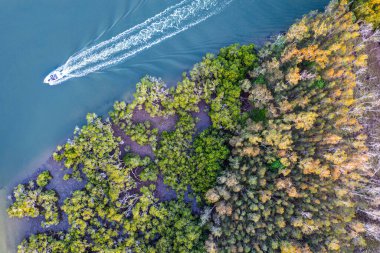 New South Wales 'in kuzey kıyısındaki Forster' daki karavan parkında nefes kesici bir hava manzarası. Manzaralı kıyı şeridi şehirlerin rahat kıyı yaşam tarzını ön plana çıkarıyor