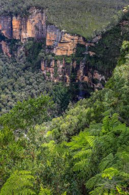 Mavi Dağlar 'daki Govetts Sıçrama Gözcüleri' nin dramatik kumtaşı kayalıkları ve geniş yabanı olan Grose Vadisi manzarası..