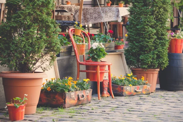 Terrazza caffè di strada con tavoli e fiori nella città europea — Foto Stock
