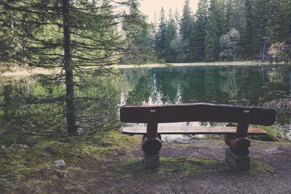 森林湖旁的长凳上 — 图库照片