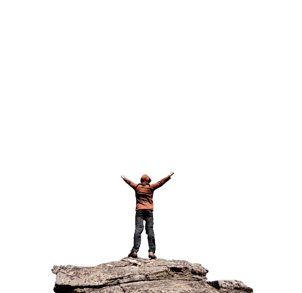 Hombre de pie en la cima de la montaña aislado en blanco —  Fotos de Stock