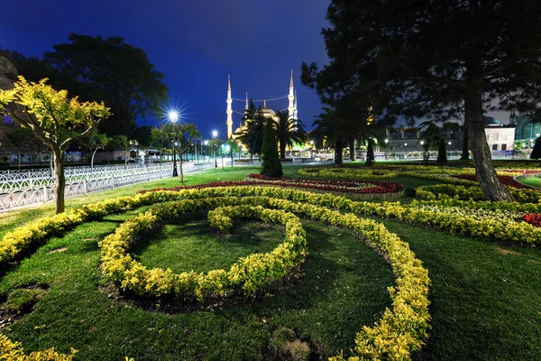 Night city park and Blue Mosque — Stock Photo, Image