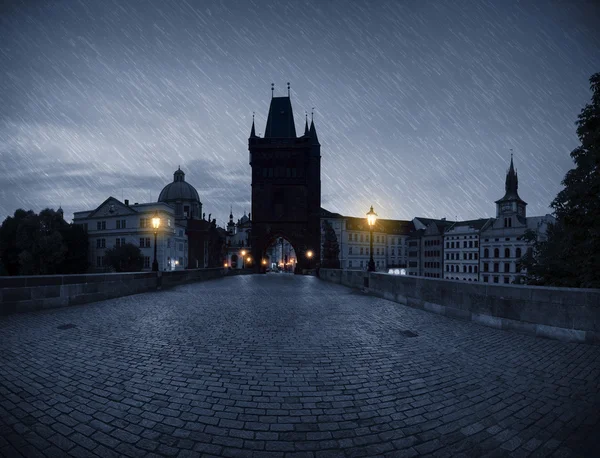 Panorama of Charles Bridge at rainy night — Stock Photo, Image