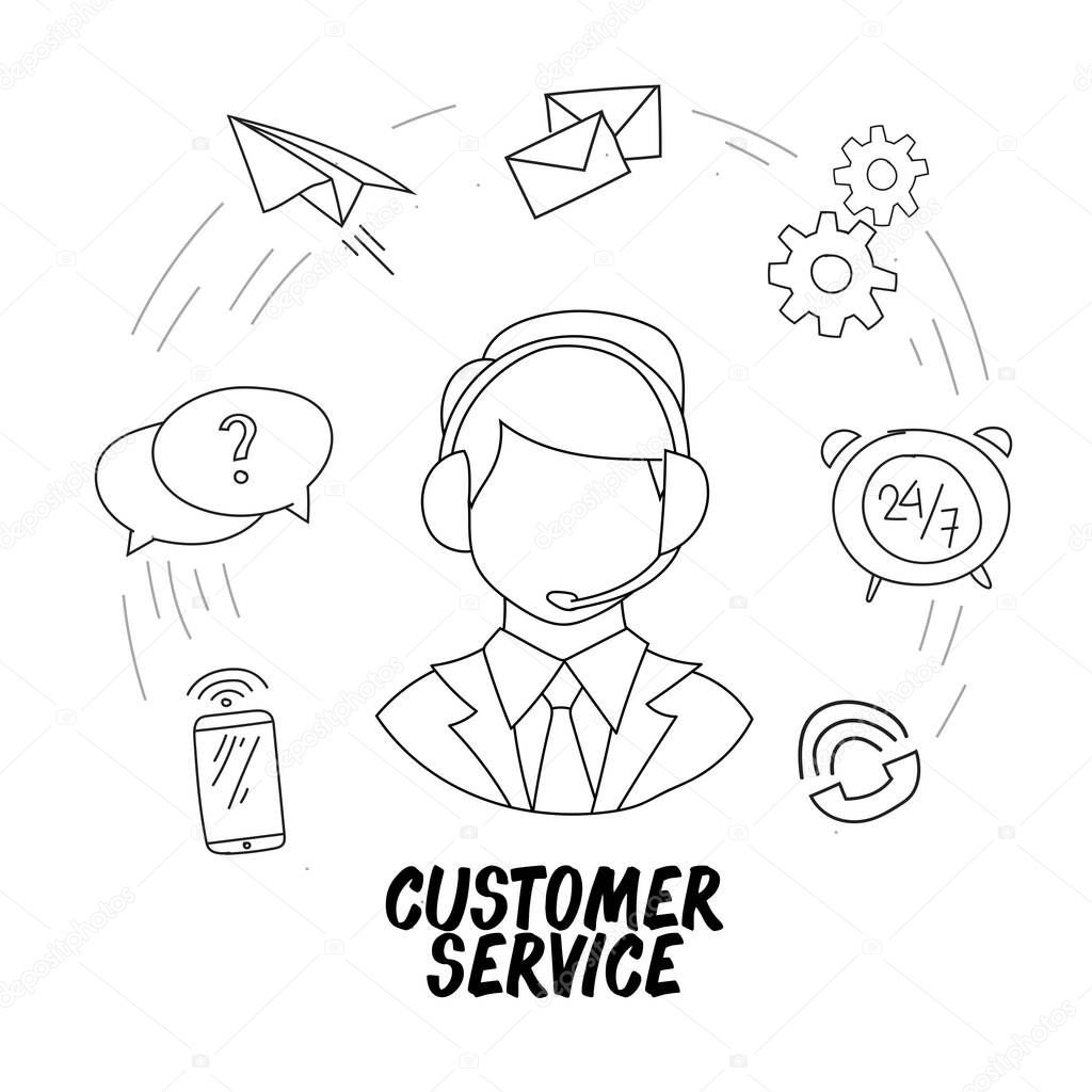 Hand drawn vector illustration of a call center service. Suitable for design elements from customer complaints, advanced information, and corporate information centers.