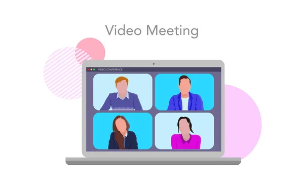 ビデオ会議との会議技術のフラットベクトルイラスト 共有ビデオ通話 リモートミーティング リモートでの作業からの設計要素に最適です ラップトップ画面のビデオ会議 — ストックベクタ