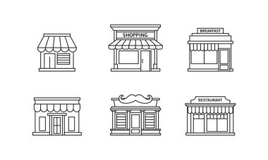 Küçük bir dükkan manzarasının vektör çizimi. Ekonomik faaliyetler, ticaret, alım-satım ve e-ticaret şirketlerinden tasarım unsurları için uygundur. Depo önü ana hatlı simge seti.