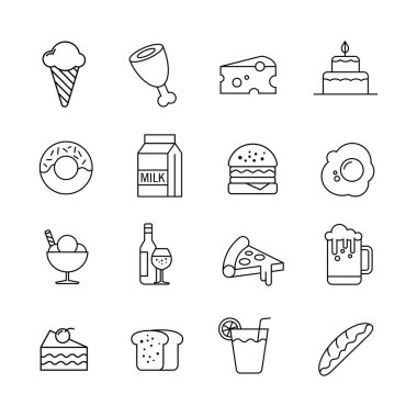 Yiyecek simgelerinin vektör illüstrasyonlarının toplanması. Gıda ürünleri promosyonunun tasarım unsurları, besin değeri grafikleri ve sağlıklı menüler için uygundur. Özetlenmiş yiyecek ve içecek ikonu seti.