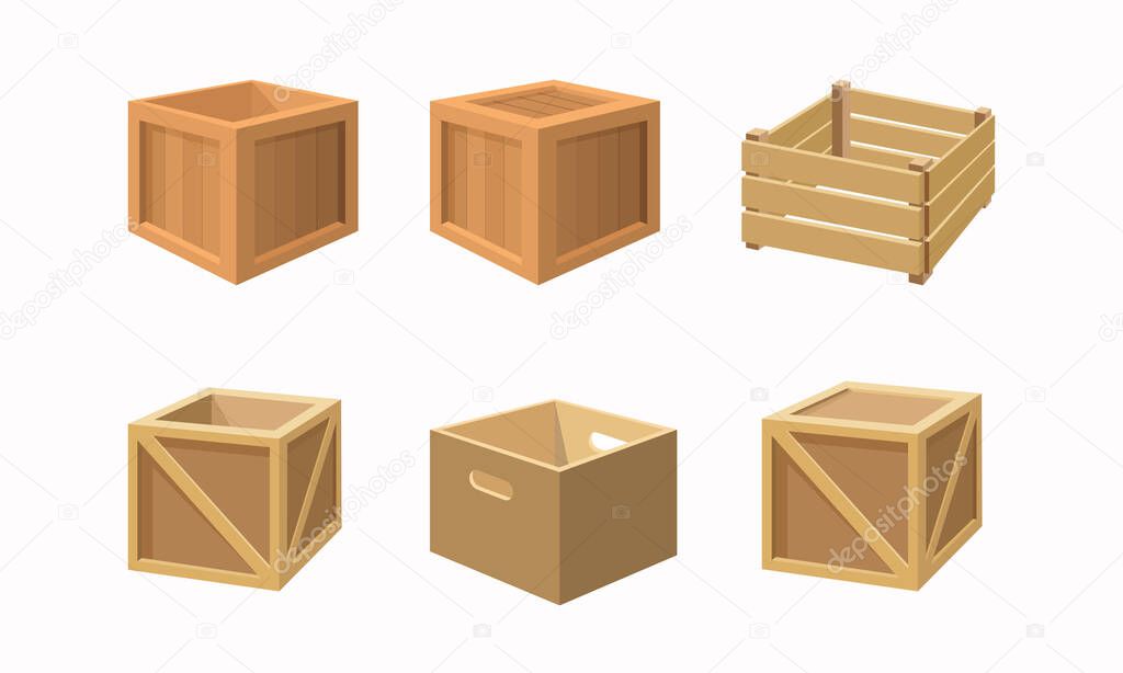 Collection of 3D vector illustrations of a wooden shipping box. Suitable for design elements of delivery services, and delivery companies. Icon of various types of wooden box container.