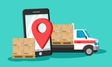 Teslimat servisinin vektör çizimi. Kargo şirketinin promosyonlarının tasarım unsurları, çevrimiçi paket nakliye hizmetleri ve ulaşım hizmeti uygulamaları için elverişli.