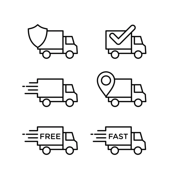 Teslimat servis simgesi seti. Çevrimiçi alışveriş, dağıtım dükkanları ve ekspres kuryeler için mükemmel tasarım elemanları. Teslimat kamyonu ana hatlı simge koleksiyonu