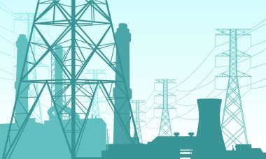 Bir elektrik santralinin vektör çizimi. Elektrik şirketlerinin tasarım unsurları, büyük elektrik şebekeleri ve enerji tedarik geçmişleri için uygun. Yüksek voltaj kulesi silueti, nükleer enerji santrali..