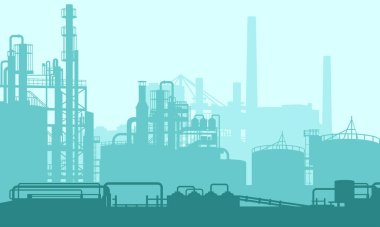 Vector illustration of a chemical processing plant with pipelines and chimneys. Suitable for design background elements from energy companies, power plants, and production plants. Oil and gas energy. clipart