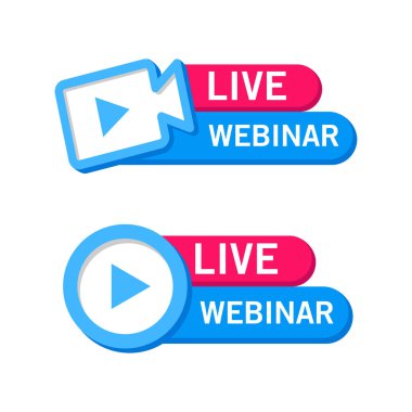Canlı bir webinar çıkartmasının vektör çizimi. Online seminerden, internet kursundan ve online webinar etiketinden tasarım unsurları için uygun. Canlı webinar düz etiket koleksiyonu.
