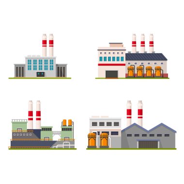 Bir fabrika kompleksinin düz vektör çizimlerinin toplanması. Kimyasal şirketlerin tasarım elementleri, petrol ve gaz işleme, yakıt ve enerji tedarik endüstrileri için uygundur.