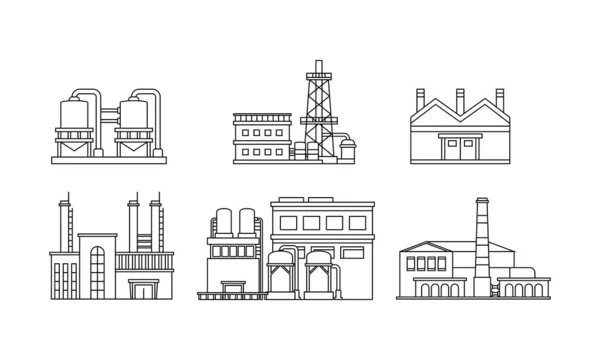 Fabrika binasının çizilmiş vektör çizimlerinin toplanması. Kimyasal sanayi şirketi, eko-santral kampanyası ve yakıt ve gaz üretimi ile tasarım elementleri için uygun.
