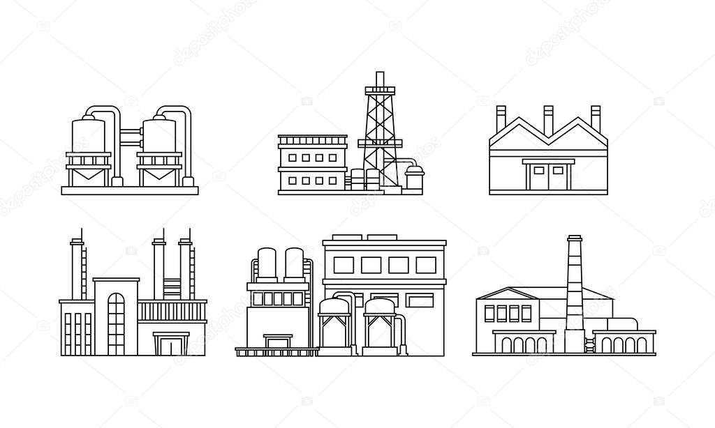 Collection of outlined vector illustrations of factory building. Suitable for design elements with chemical industry company, eco-plant campaign, and fuel and gas production.