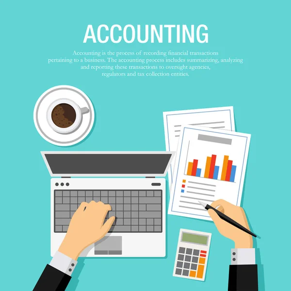 Bilgisayarla ve kağıtla mali durumu kontrol eden bir muhasebecinin düz vektör çizimi. Finans hizmetleri ve planlama şirketlerinden fon tasarımı için uygun. Ofis masasından üst görünüm.