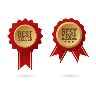 En çok satan rozetin vektör çizimi. Birinci sınıf mağazalardan, çok satan etiketlerden ve satış promosyon ürünlerinden tasarım elemanları için mükemmel. En çok satan amblemden kırmızı ve altın rozetler.