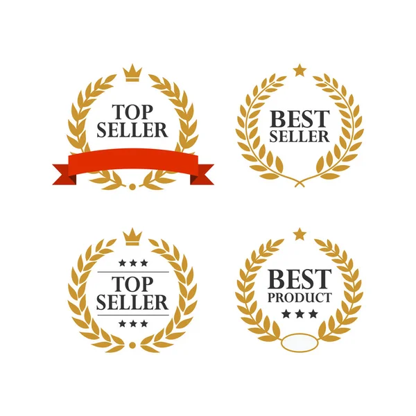 Zeytin yaprağı süslemesinin vektör çizimi. En çok satan etiketin tasarım unsuru, en iyi ürün tanıtımı ve satıcı ödülü için mükemmel. Düz altın defne süsü koleksiyonu.