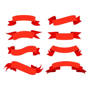 Kırmızı kurdelelerin düz vektör çizimlerinin toplanması. Metin şablonu için mükemmel, ödül kazanmış, özel kutlama etkinliği, ve afiş promosyonu. Dalga kurdele vektörü ayarlandı.