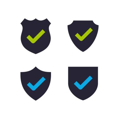 Kalkan sembolü ve işaretinin vektör çizimleri. Güvenlik sertifikası tasarımı, kalite garantisi ve modern koruma için mükemmel. 