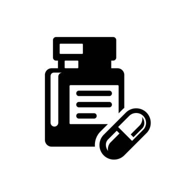 Bir ilaç şişesi ve kapsülün siluet simgesinin düz vektör çizimi. Tıp, eczane ve sağlık hizmetlerinin tasarım unsurları için elverişli.