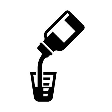 Bir kaba dökülen şurup ilacının düz vektör çizimi. Sağlık ve hastalık tedavisinin tasarım unsurları için uygundur. 