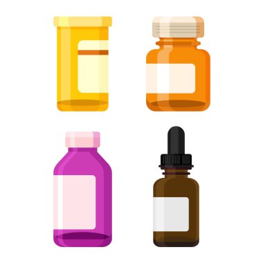 İlaç ve kozmetik şişelerinin düz vektör çizimlerinin toplanması. Sağlık ve güzellik endüstrisinden tasarım elementleri için mükemmel.. 