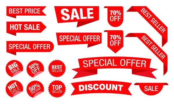 Kırmızı kurdele etiketi koleksiyonu. Perakende satış mağazalarının tasarım unsurları, çevrimiçi mağazalar ve mağaza ürünlerinin tanıtımı için uygundur. İndirim etiketi belirlendi.