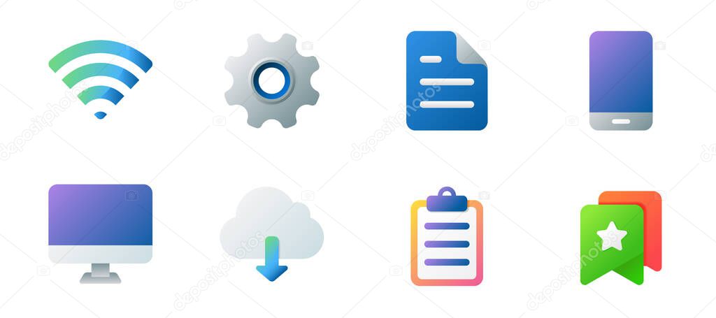Colorful modern essential icon set like gear, document, bookmark and etc. Suitable for design element of app, user interface, and software.