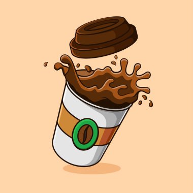 Sıçrayan ve uçan kapaklı çizgi film kahve fincanı, kafe logosu, içecek reklamları veya posterler için mükemmel..