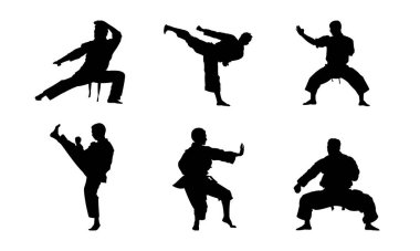 Karate dövüşçüsü silueti, spor posterleri, dövüş sanatları logoları ve eğitim reklamları için mükemmel bir tasvir sunar..