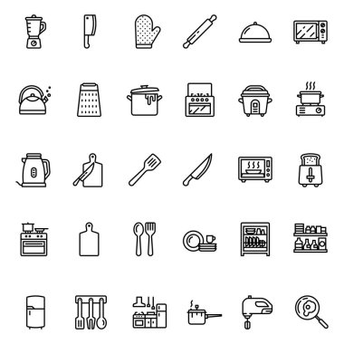 Mutfak ve yemek pişirme ekipmanları taslak şeklinde. Yemek pişirme ve restoran tasarımları için uygun tasarım unsurları.