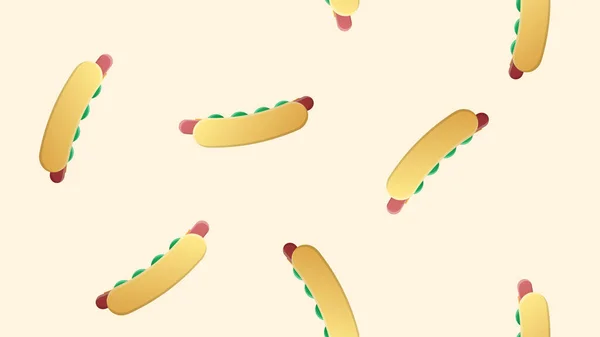 Hot dog su sfondo rosa, illustrazione vettoriale, modello. panino salsiccia, ripieno, panino appetitoso. arredamento della cucina, caffè, ristorante. decorazione, carta da parati per catering — Vettoriale Stock