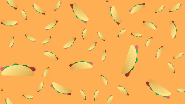 Emparedado de salchicha sobre fondo naranja, ilustración vectorial, patrón. hot dog, merienda abundante, comida rápida. fondo de pantalla para cocina, restaurante y cafetería. decoración para catering — Vector de stock