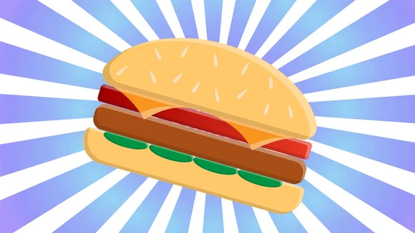 Hamburguesas sobre fondo retro azul brillante y blanco, patrón, ilustración vectorial. apetitoso almuerzo delicioso, sándwiches rellenos. carne, hamburguesa verde, comida rápida — Vector de stock