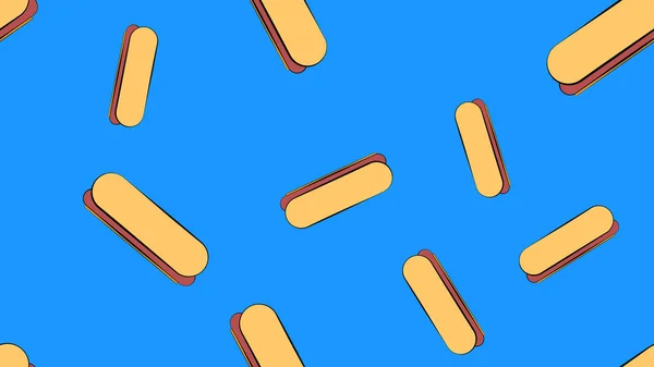 Hot Dog auf blauem Hintergrund, Vektorillustration, Muster. Wurstsandwich, gefüllte, appetitliche Semmeln. Tapeten für Küche, Restaurant und Café. Illustration für Catering-Dekor — Stockvektor