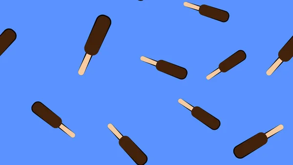 Мороженое на синем фоне, векторная иллюстрация, узор. мороженое на палочке в аппетитной шоколадной глазури. сладкий молочный десерт. шоколадное мороженое — стоковый вектор
