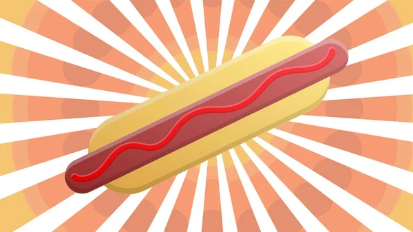 Cachorro-quente em um fundo retro branco-vermelho, ilustração vetorial. Bun com salsicha, ketchup. petisco favorito. Hora do almoço. fast food saudável em vez de sopa e uma refeição completa — Vetor de Stock