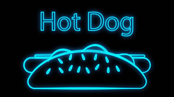 Hot dog su sfondo nero, neon, illustrazione vettoriale. panino salsiccia, ripieno, panino appetitoso. neon con l'iscrizione hot dog in blu. insegna luminosa per caffetteria, ristorante — Vettoriale Stock