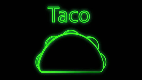 Tacos sobre fondo negro, ilustración vectorial. letrero de neón para comida rápida, restaurante de comida. verde neón con inscripción de taco. diseño de una cafetería, cocina. caja brillante para la decoración acogedora de comida rápida — Vector de stock