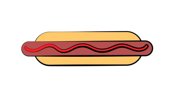 Hot Dog auf weißem Hintergrund, Vektorillustration. Brötchen mit Wurst, Ketchup, Senf. deftige Füllung, ein schädliches Gericht. Fast-Food-Snack. Kalorienreiches Mittagessen — Stockvektor