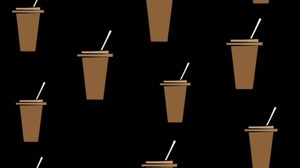 卡布奇诺杯加根吸管咖啡主题概念。简约的图标。彩色矢量图解。卡通风格，简朴平面设计。无缝图案。黑色背景，墙纸 — 图库矢量图片