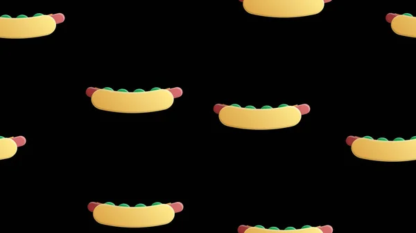 Cachorro-quente em um fundo preto, ilustração vetorial, padrão. sanduíche de salsicha, recheado, pão apetitoso. decoração de cozinha, café, restaurante. decoração, papel de parede para Catering — Vetor de Stock