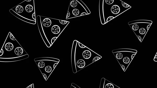 Patrón sin costuras con deliciosas rebanadas de pizza de pepperoni sobre fondo oscuro. Sabrosa comida rápida italiana. Ilustración vectorial moderna para impresión textil, papel pintado, fondo, papel de envolver — Vector de stock