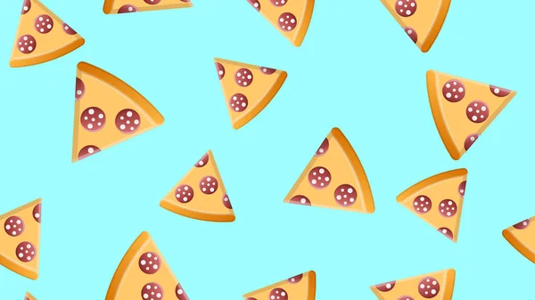 Rebanada de pizza sobre un fondo azul, ilustración vectorial, patrón. snack dañino de comida rápida. decoración de papel pintado y cocina. inusual diseño de fondo de pantalla para el área de cocción — Vector de stock