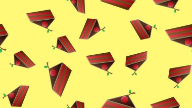 Tatlı pasta, vektörün kusursuz desenini keser. Lezzetli tatlıların arka planı. Üstü çeşitli malzemelerle kaplı şekerleme. Lezzetli şekerleme, hamur işi ambalaj kağıdı, duvar kâğıdı tekstil tasarımı